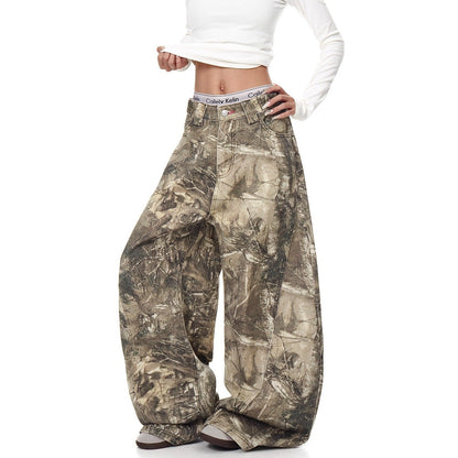 American Street Letter Embroidery Branch Camouflage Jeans for Men and Women Drip Depot