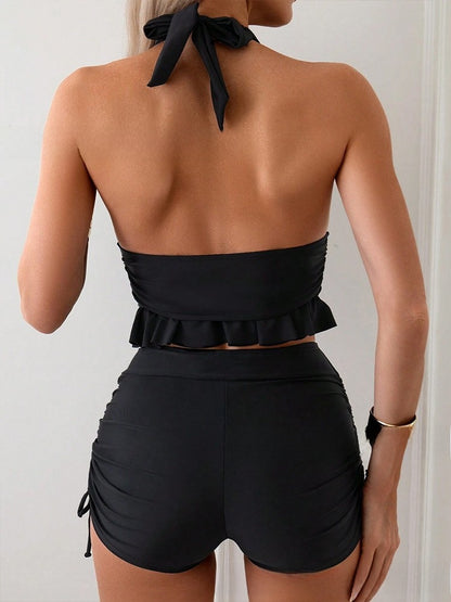 Solid-color sexy ruffled swimsuit