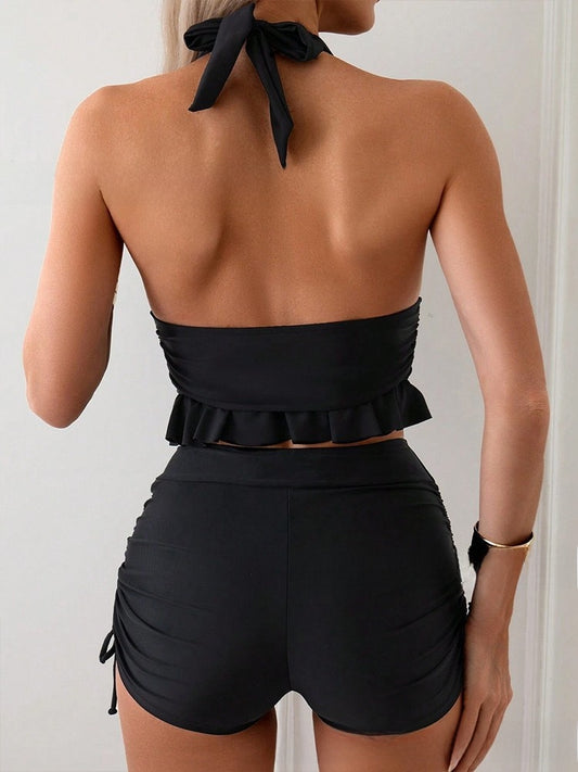 Solid-color sexy ruffled swimsuit