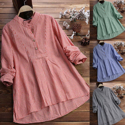 Plaid Stand Collar Pullover Shirt Long Sleeve  Top