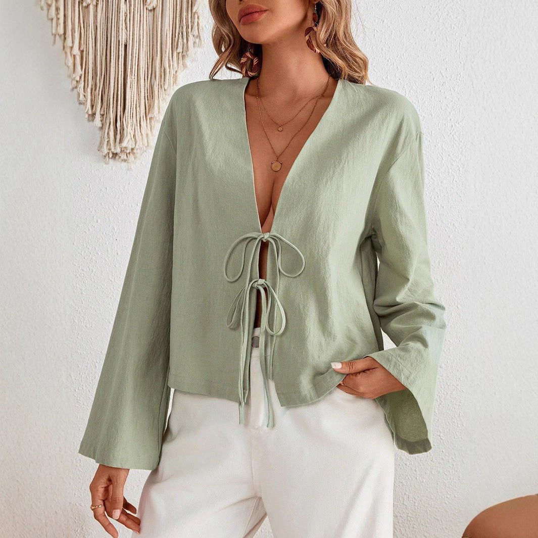Women's Lace-Up Bell Sleeve Blouse