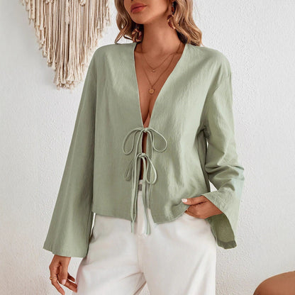 Women's Lace-Up Bell Sleeve Blouse