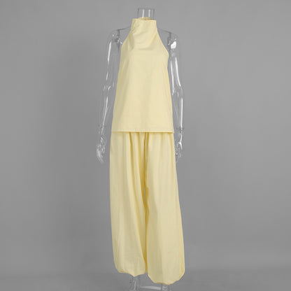 Sleeveless Halter Neck Top and Lantern Pants Set