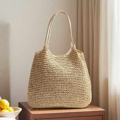 Hand-Woven Straw Tote Bag with Shoulder Strap