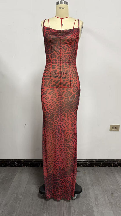 Women's Leopard Print Open Back Long Dress Drip Depot
