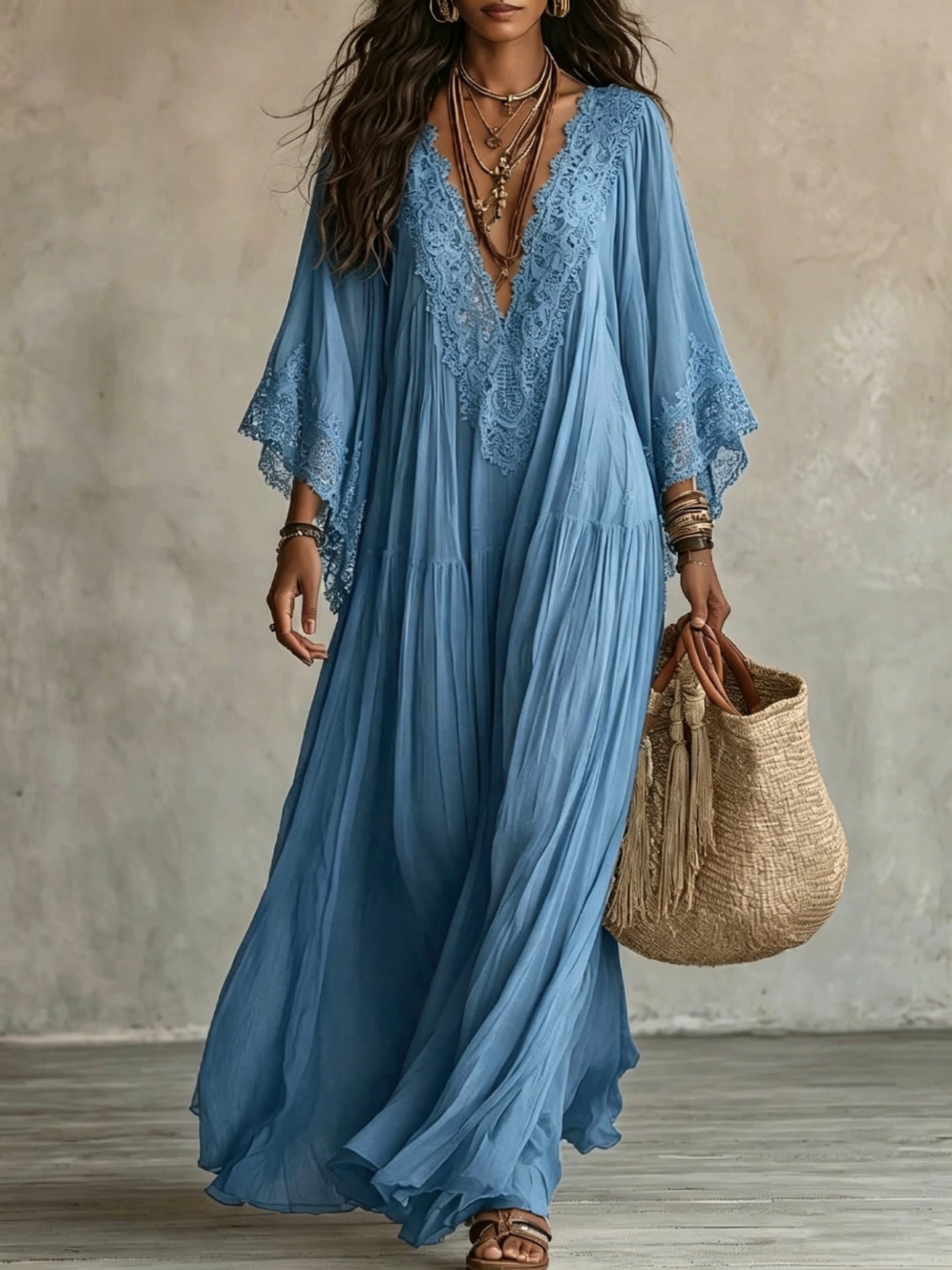 Lace Patchwork V-Neck Long Dress