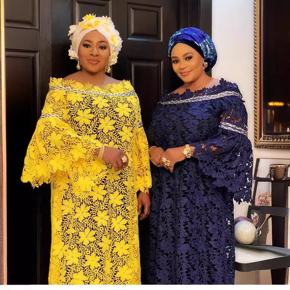 African Lace Loose Plus Size Gown Dress Trumpet Sleeve Fashion Dress with Turban