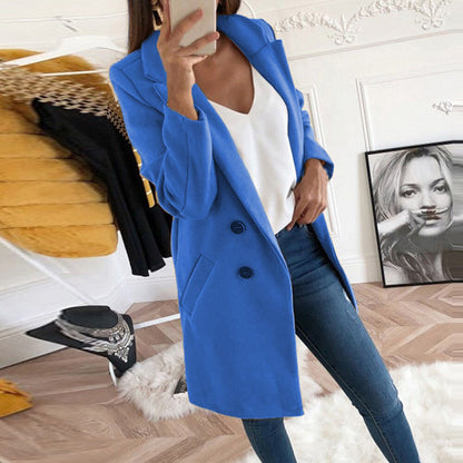 Solid Color Lapel Mid Length Button Wool Coat