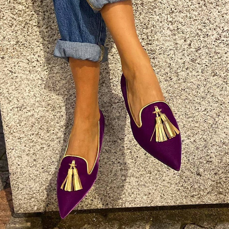 Low Heel Pointed Tassel Slip On Shoes