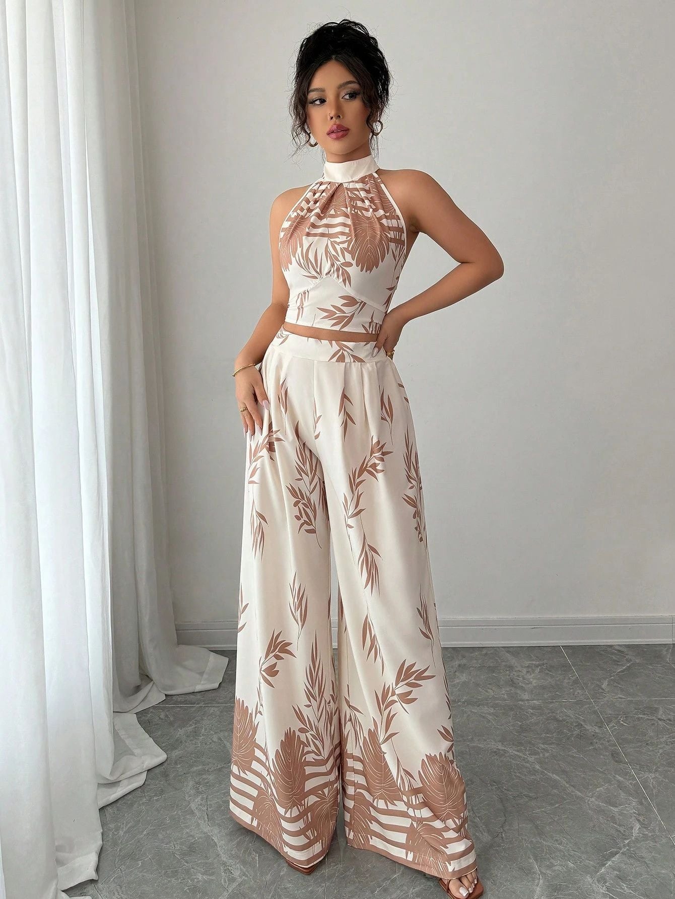 Halter Neck Tank Top and Wide-Leg Pants Set