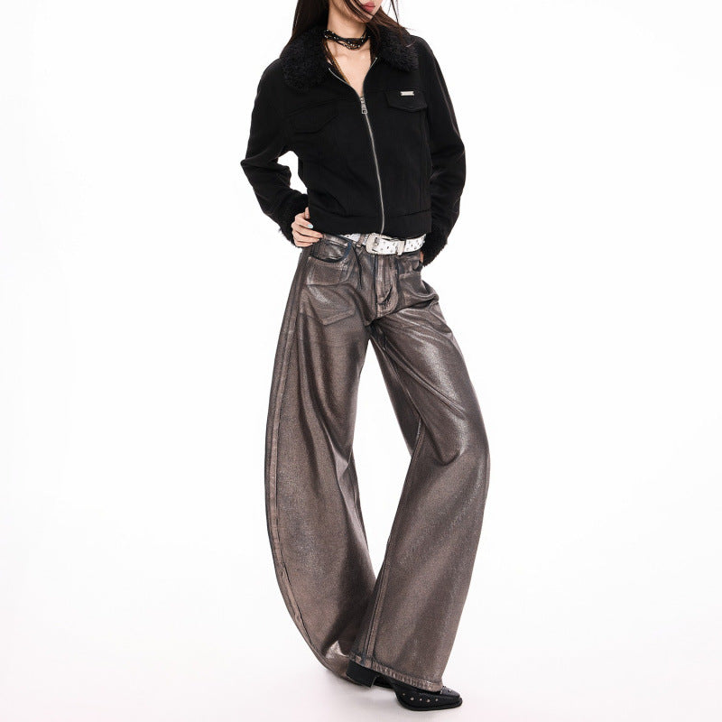 Silver Embellished Denim Wide Leg Pants
