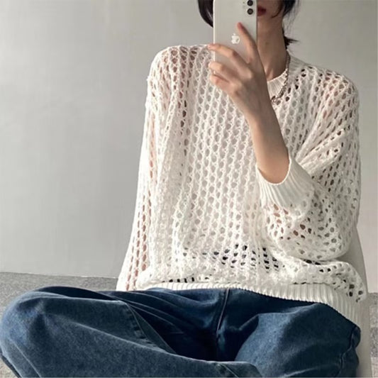 Hollow Loose Knitwear Mesh Round Neck Tops