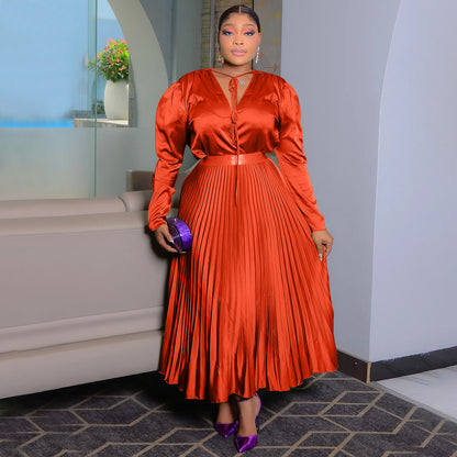 Plus Size Long Sleeve Pleated Skirt Suit with Lace-Up Detail