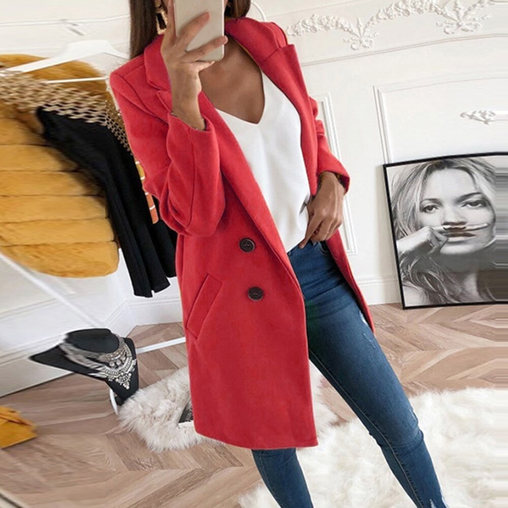 Solid Color Lapel Mid Length Button Wool Coat
