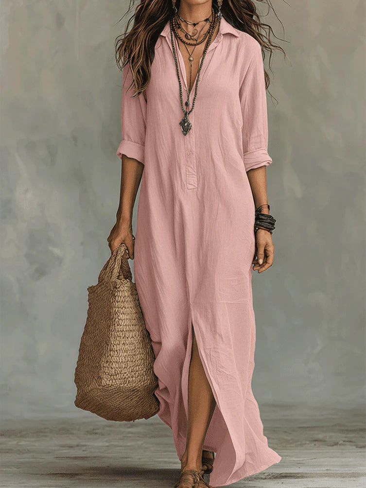 Womens Casual Solid Color V-Neck Slit Dress