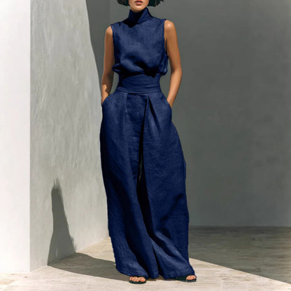 Cotton and Linen Sleeveless Long Pants Casual Set for Women