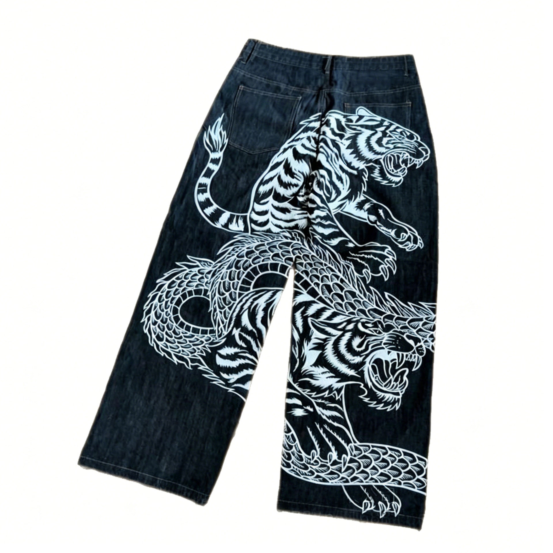 Y2K Dragon Tiger Print Drawstring Denim Pants Drip Depot