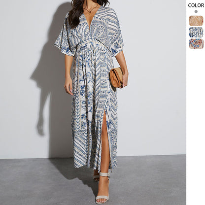 V-Neck Printed A-Line Short Sleeve Dress