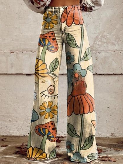 Digital Printed Five-Pointed Star Faux Denim Wide-Leg Pants, 3D Flared Trousers