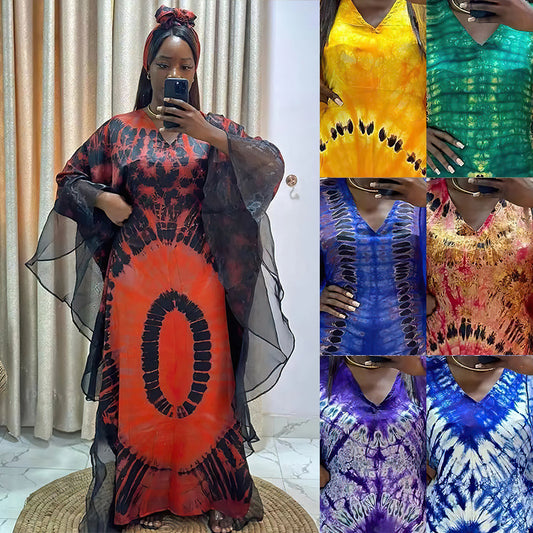 African Ethnic Print Mesh Long Dress with Headscarf