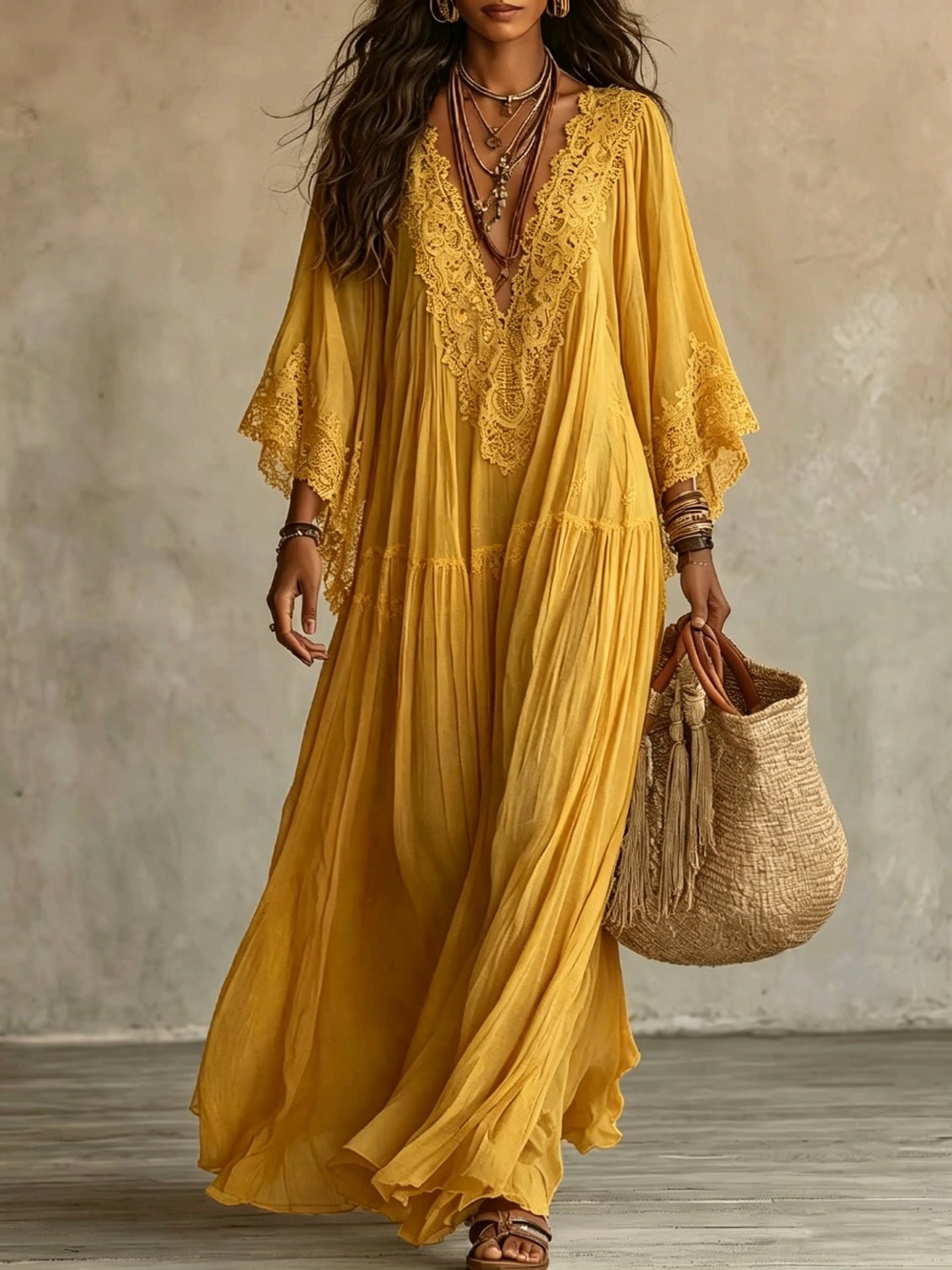 Lace Patchwork V-Neck Long Dress