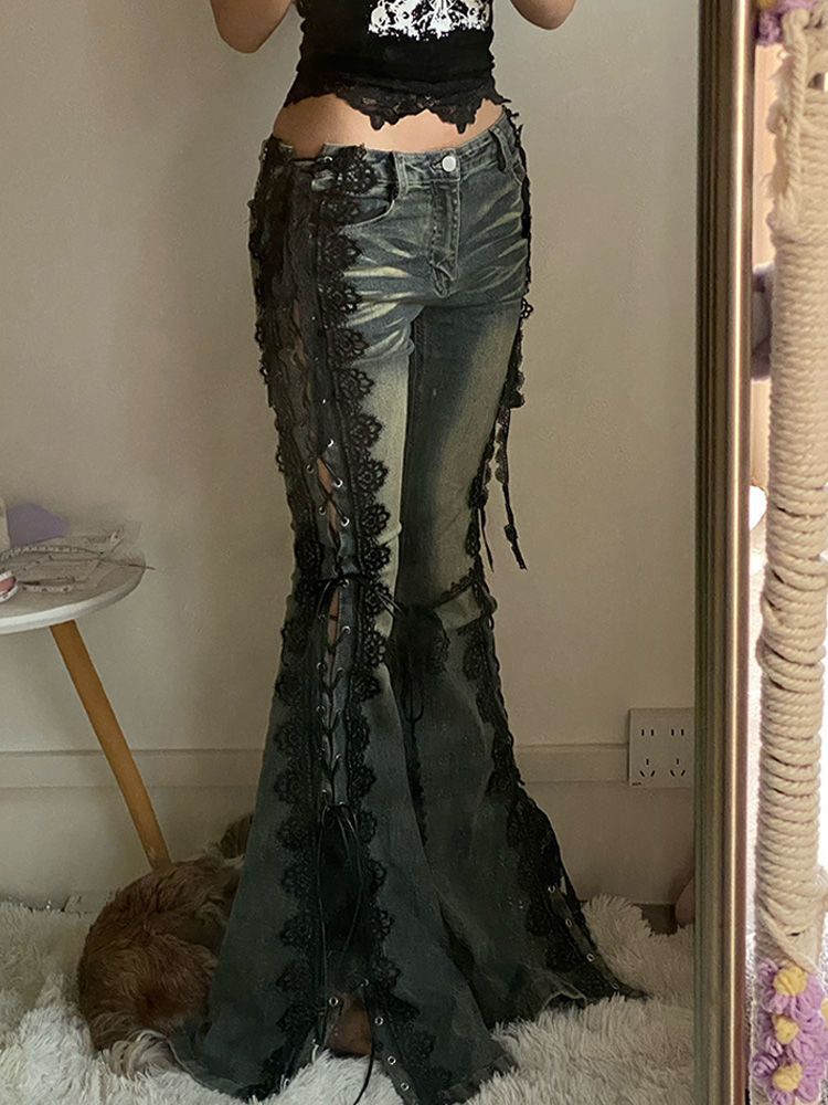 Flared Denim Pants with Lace